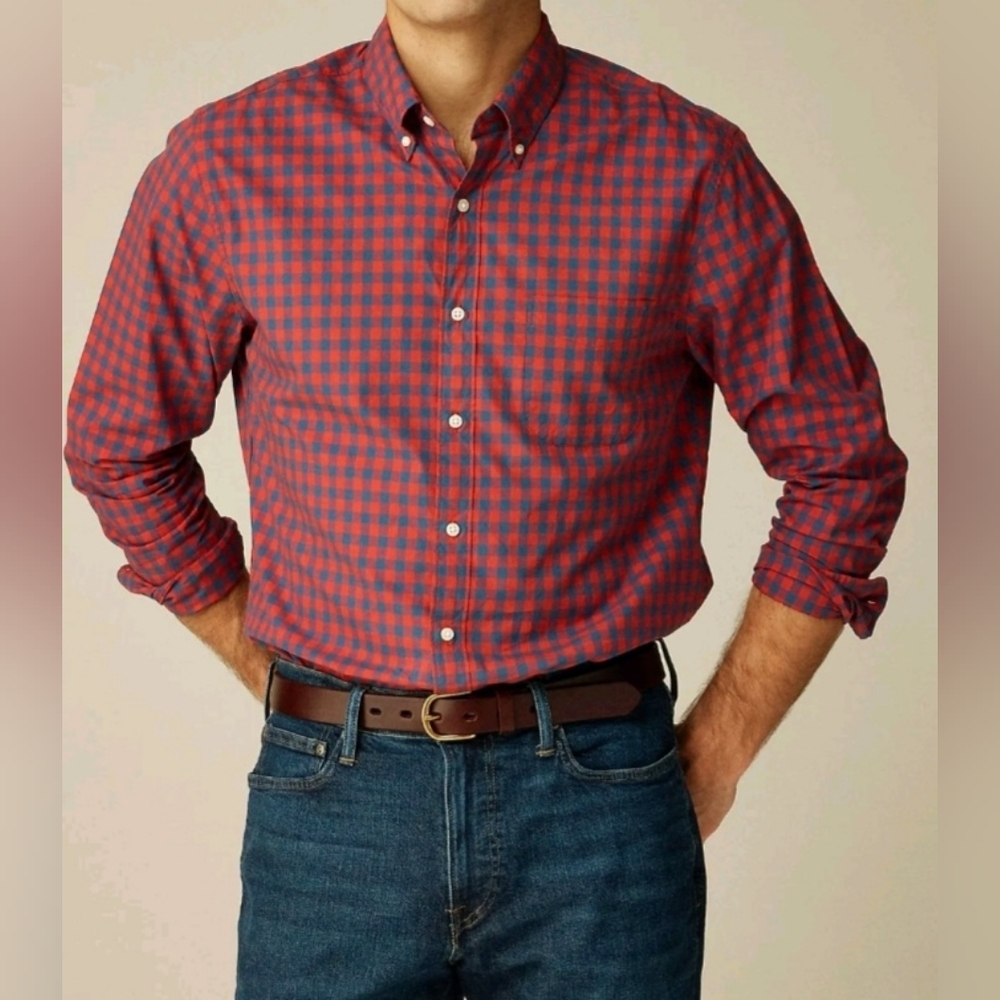 J Crew Men's Casual Button Down Shirt - Red and Blue Checkered